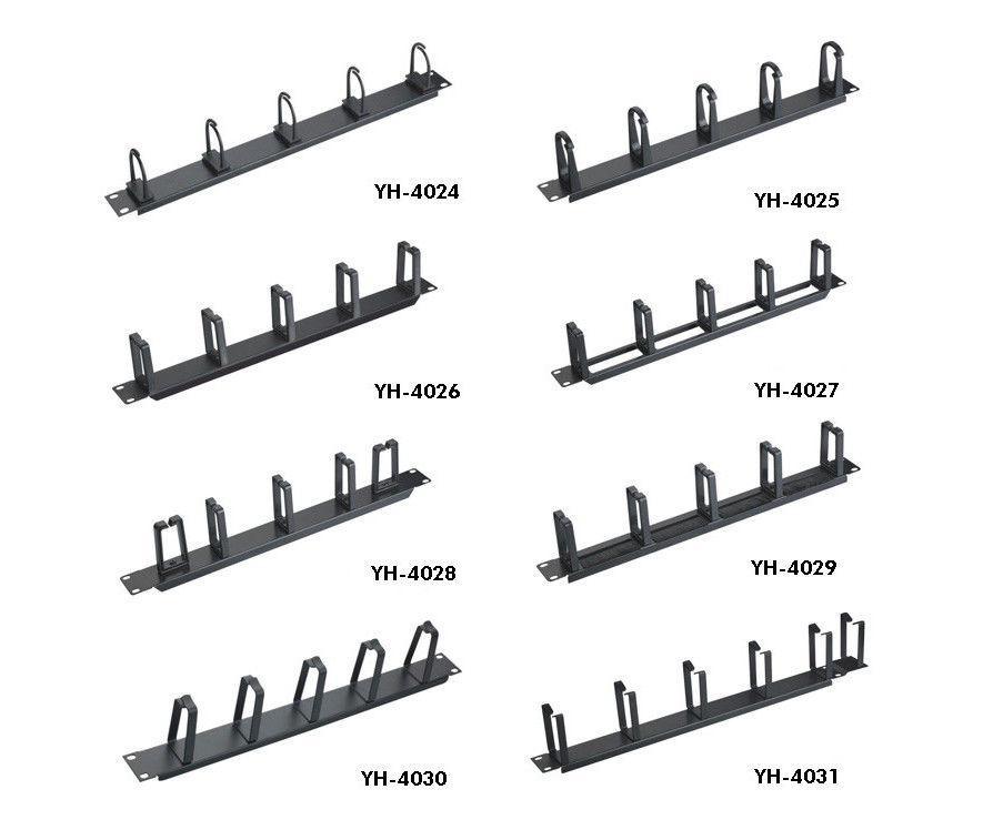 Horizontal 1U 10 Inch Rackmount Manajemen Kabel Panel Warna Hitam Dengan 5 D Rings YH4025